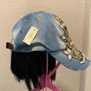ASHLEY 26 INT Cotton Floral Crystal Accent Thule Needle Denim Statement Ball Cap